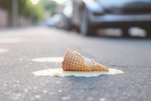 Melting ice cream cone drop upside down on the street in summer day Selective focus Soft focus