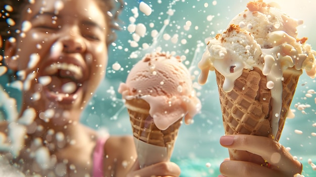 Photo melting ice cream cones in the summer sun