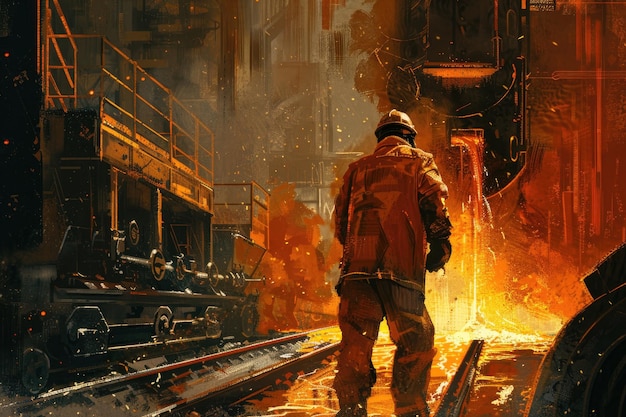 Melting metal Metallurgical plant smelting shop A male steelmaker in a hard hat and work clothes watches the process of melting metal