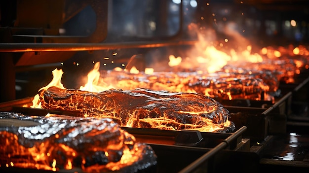 Melting metal pouring liquid steel releasing glowing flame industrial