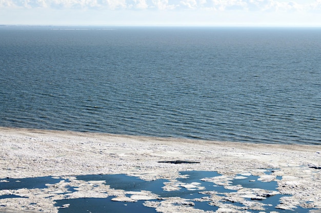 Melting sea ice seasonal natural phenomenon of coming spring ice on water melts from burning sun