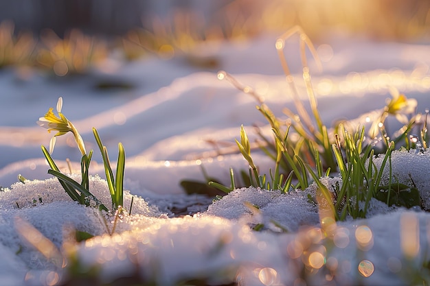 Melting Snow with Plants in Golden Morning Light