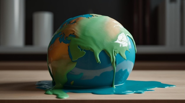 Melting spherical Earth model on concrete shelf with blue sea and green land forming drips in heat