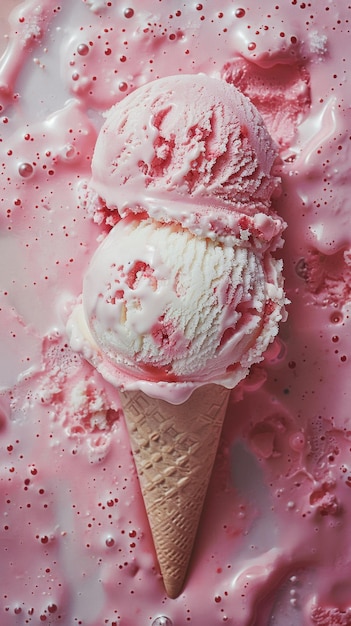 Melting strawberry ice cream scoop on a cone with a creamy texture and pink splashes around