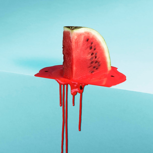 Melting watermelon slice on blue background with space for text Creative summer composition