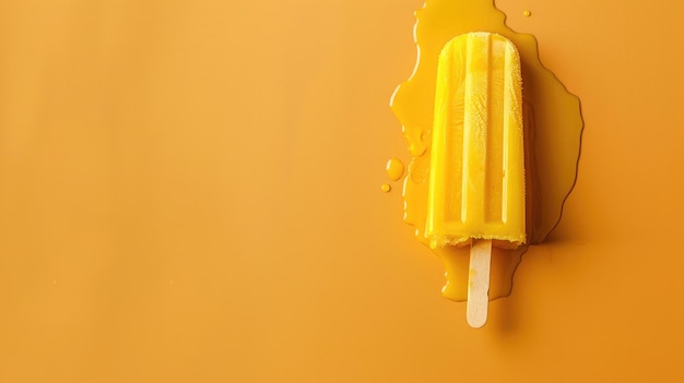 Photo melting yellow popsicle on bright orange background with puddle