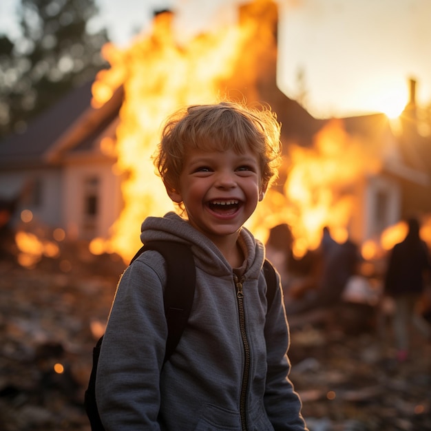 meme of boy smirking at camera while house burns down