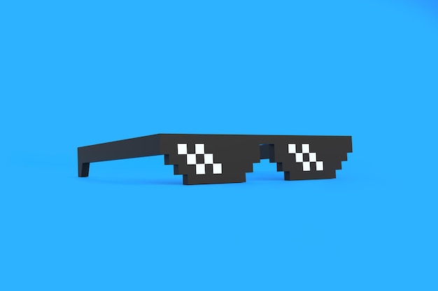 Meme pixel glasses on blue background Front view of pixel art glasses Minimalistic concept 3D render