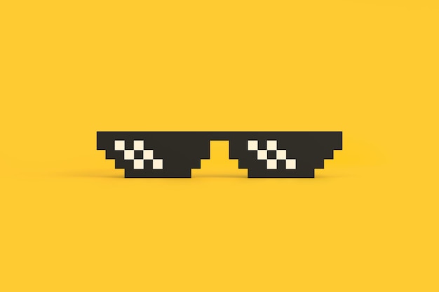 Meme pixel glasses on a yellow background Front view of pixel art glasses 3D render