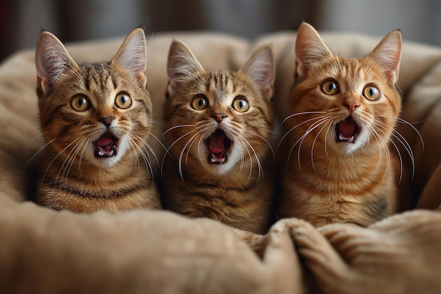 Meme Three orange tabby cats with wide eyes and open mouths peek over a blanket expressing surprise or curiosity and screaming For pet focused content memes or expressive animal photography