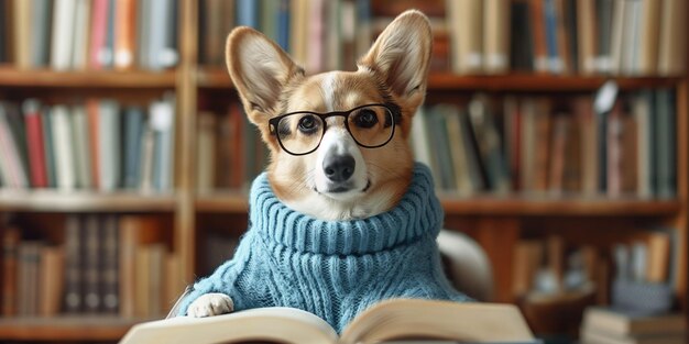 Photo meme with corgi dog lecture in sweater with glasses reading a book in cozy library setting concept pet clothing and handmade knitting idea or back to school copy space