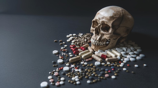 Memento mori human skull surrounded by assorted pills