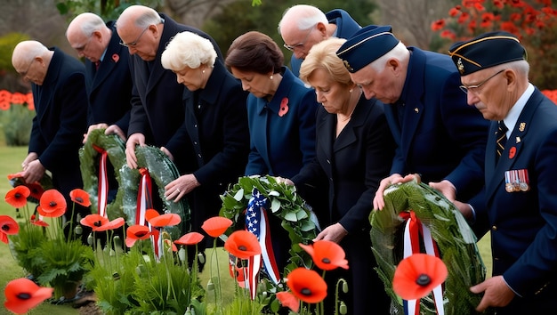 Photo memorial ceremony honoring sacrifice amidst red poppies