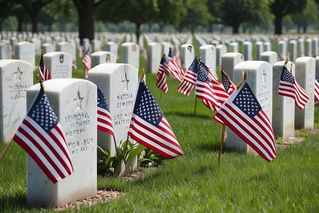 Photo memorial day american flags and military grave marker at military cemetery who sacrificed all in service to their country