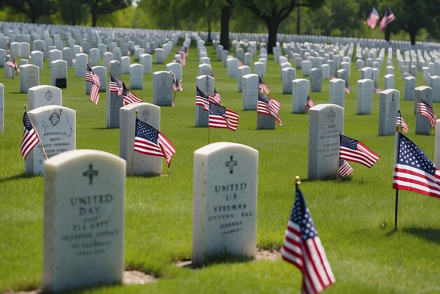 Photo memorial day american flags and military grave marker at military cemetery who sacrificed all in service to their country