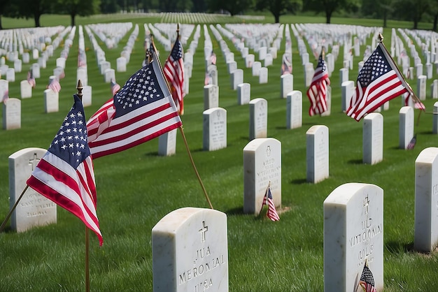 Photo memorial day american flags and military grave marker at military cemetery who sacrificed all in service to their country