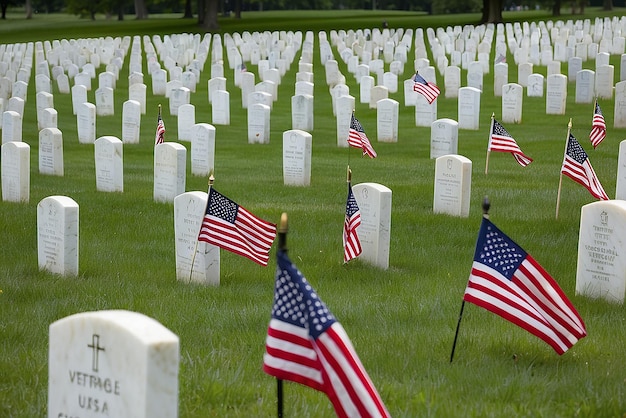 Photo memorial day american flags and military grave marker at military cemetery who sacrificed all in service to their country