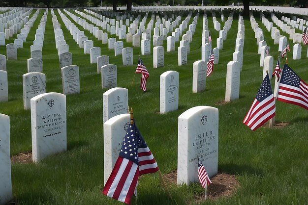 Photo memorial day american flags and military grave marker at military cemetery who sacrificed all in service to their country