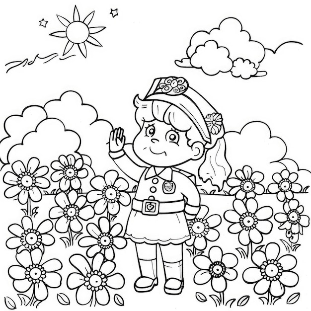 A Memorial Day child saluting a coloring illustration honoring the holiday