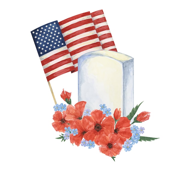 Memorial Day clipart US flag red poppy flower soldiers grave Patriotic hand drawn watercolor for card banners commemorative events flyers sale