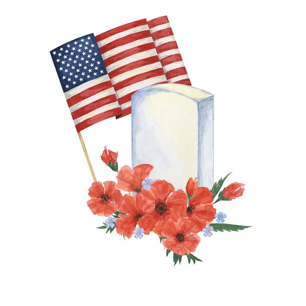 Memorial Day clipart US flag red poppy flower soldiers grave Patriotic hand drawn watercolor for card banners commemorative events flyers sale