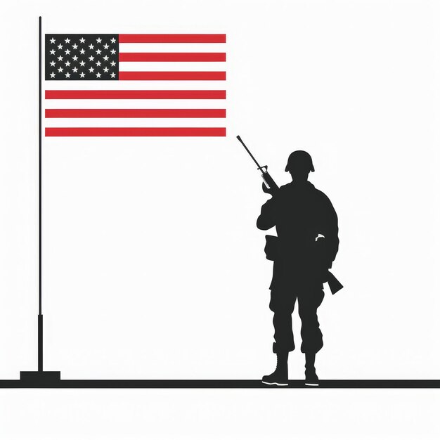 Memorial Day concept for American Flag and Soldier honor silhouette flat illustration on white background