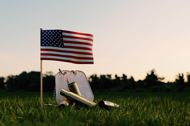 Memorial Day concept background with a tiny American flag tucked between a row of nameless soldiers and fallen shell casings 3d rendering