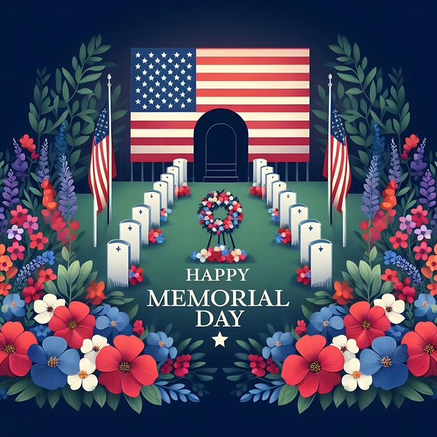 Memorial Day Facebook or Instagram post Illustration design With flowers and a flag near the grave