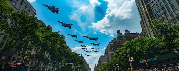 Memorial Day Parade Patriotic Flyover of Military Jets in Aerial Salute