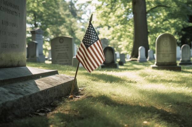 Memorial day photo with american flags in the cemetery Generative AI