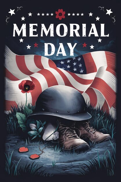 Photo memorial day poster background illustration with american flag and soldiers equipment honoring