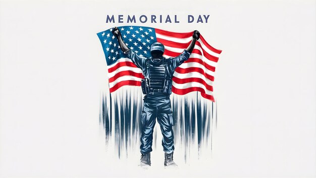 Memorial Day Poster illustration with Soldier and USA flag in white background May27