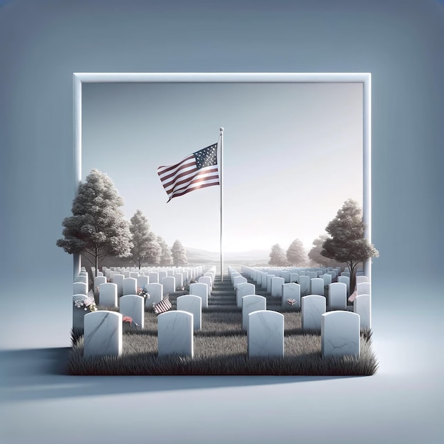 Memorial day representation in a cemetery with a US flag