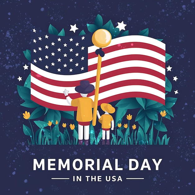 Memorial Day social media post banner or poster design with American soldiers and flag