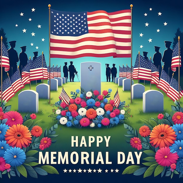 Memorial Day social media post banner or poster design With flowers American soldiers and flag