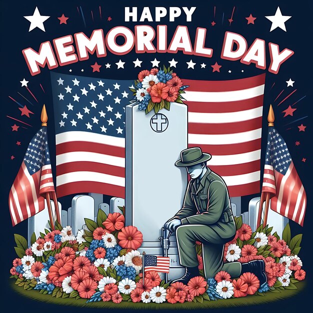 Memorial Day social media post or greeting card design With flowers and a flag near the grave