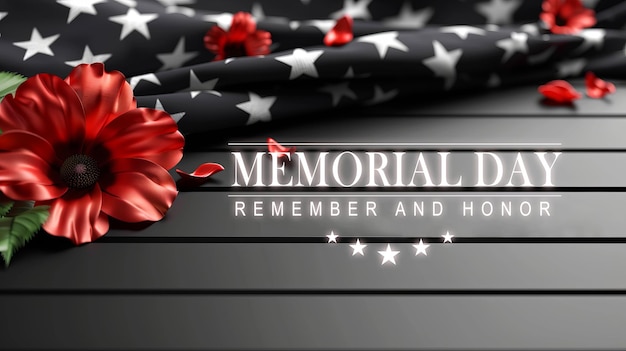 Photo memorial day tribute featuring an elegant poppy flower on a dark background with a flag motif