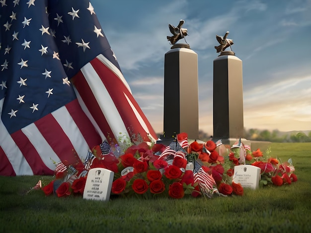 Photo the memorial day with the united states flag and military soldiers with a floral environment