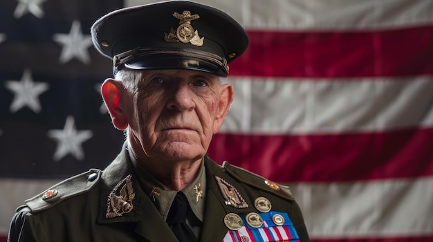 Memorial DayProud veteran in uniform with medals before american flag