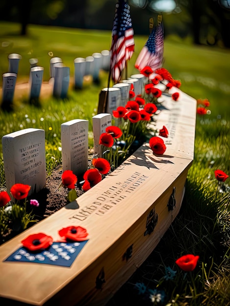 Photo a memorial with a flag and a flag in the middle of it