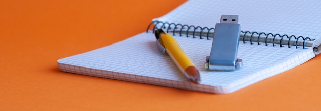 Memorization of knowledge: books and organizer are on the table, a storage device and a ball pen placed on notebook, a new technology to record and store data