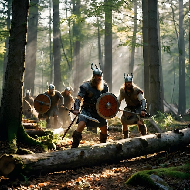 men in armor with a sword and shield on their shoulders in a forest