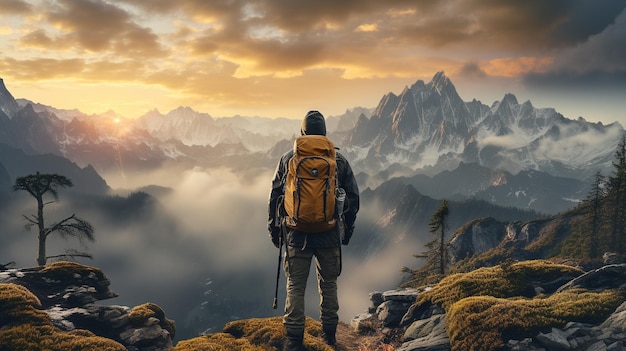 Men back side photographing mountain peak at sunrise