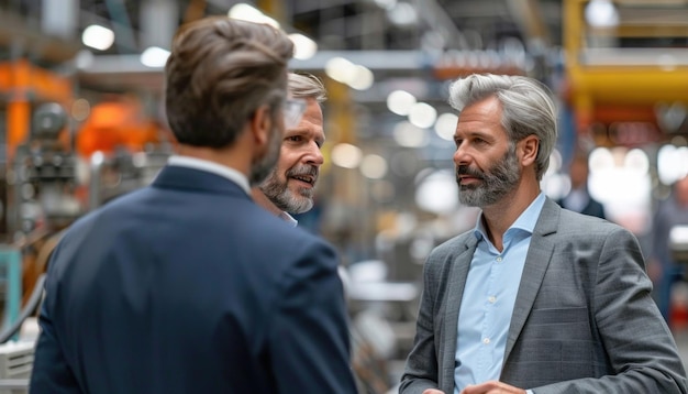 Photo men in blazers with beards and rolledup sleeves talking in a city factory sharing gestures