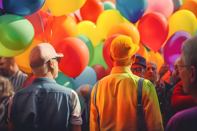 Men in colorful clothes among balloons at the LGBT parade pride month Generative AI