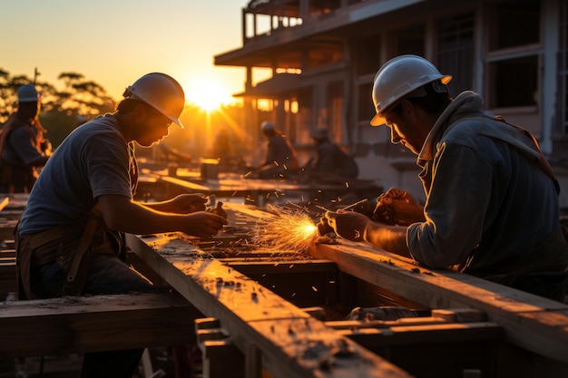 Men cutting welding and sawing metal railings at renovation works Generative AI