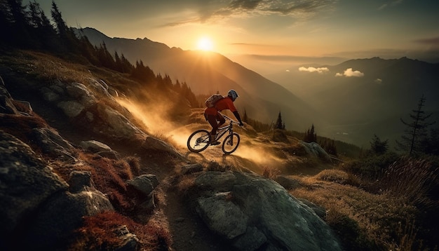 Men cycling mountain bikes on rocky terrain generated by AI