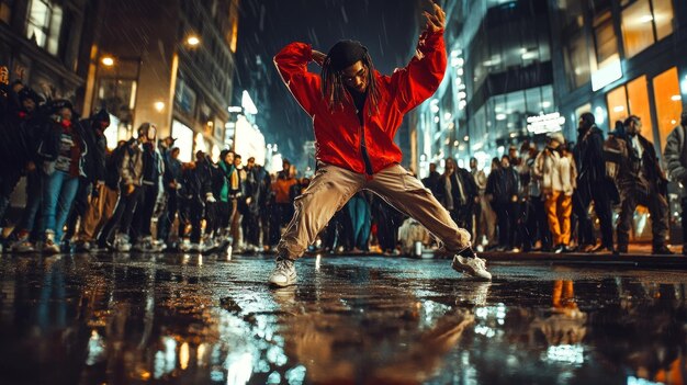 Photo men dance hiphop on the streets of the city center at night and are watched by many spectators