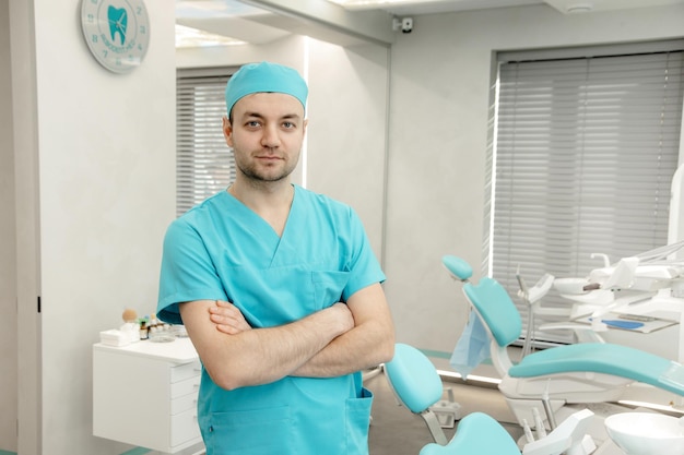 Men dentist standing with crossed arms and looking at camera