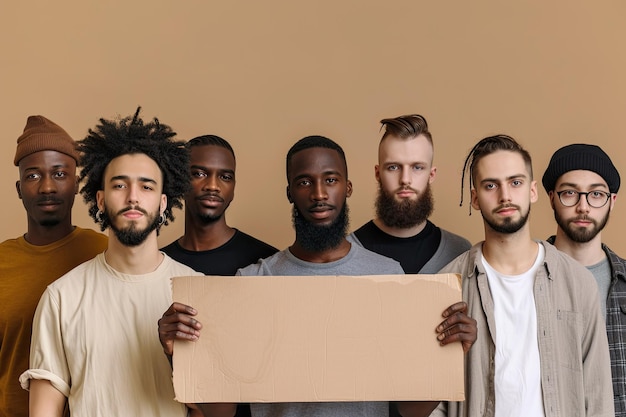 Photo men of different races with a sign stop racism equality concept